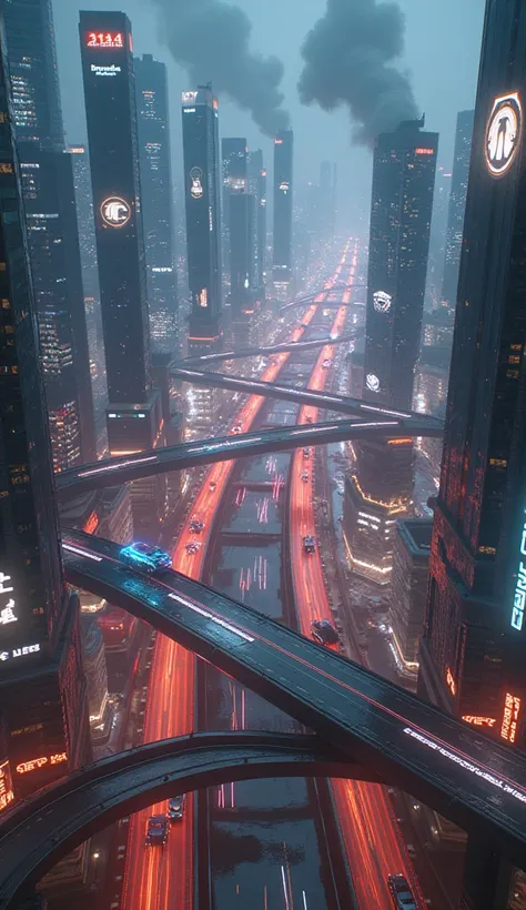  Max image    、 with dense skyscrapers 、 while shining roads and aerial highways intersect intricately 。 futuristic cars are running on the road 、 the car body is streamlined 、, hovering lights are emitting blue and purple lights at the bottom 。 equipped w...