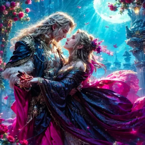 magicalfantasyworld,bookcover illustration,muscular longhair handsomearistocrat luxuriousfrockcoat passionate touches wife,glossinglsilk gown,background palace bloominggarden,love,passionate,brightcolors,magic,shine,waist-high,maximumtexture,highdetail,per...