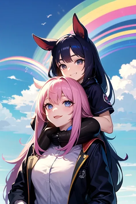 Horse Girl、Horse ears、 rainbow colored hair 、Gradient hair texture、 long hair、Rainbow Eyes、whole body、Muscular、 cute smile、