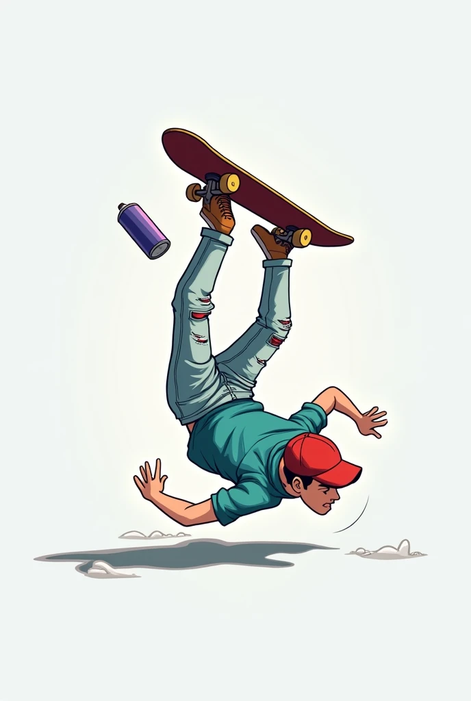 A young, light-skinned male figure, centered in the image, is depicted upside down, lying on the ground, performing a skateboarding-related acrobatic move. He is wearing light-blue, ripped jeans, teal-colored shirt, brown sneakers, and a red baseball cap. ...