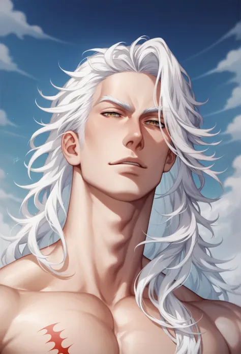 a man with a beautiful naked torso ,  on his left shoulder dragon tattoo ,   man with long white hair ,   man with long white hair , white-haired deity,   long hair , Ross Tran 8K,   handsome Japanese demonic boy  , Ross Tran Style  , white-haired,   hands...