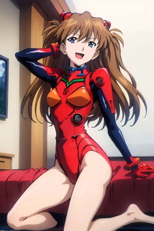 (( top quality)), ((masterpiece)), (be familiar with),  perfect face, indoor, bedroom,  watching viewers,
One woman,  Soryu Asuka Langley,
 open mouth,  with an ecstatic expression , blush, smile,
 small tits,  flat chested, Young girl, Lori,  s,  girl,
 l...