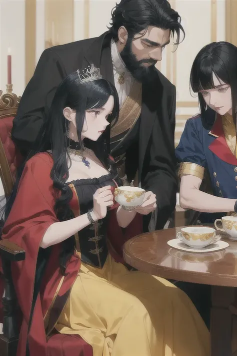 A beautiful, evil, black-haired witch having tea with a black-haired, black-bearded king, and wearing red clothes, yellow and blue. A ****** princess in a blue corset dress, yellow skirt, red cape has black hair and watches the scene