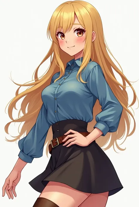 super fine illustration,shiny skin,fine skin,very cute and beautiful girl, beautiful face, older sister appearance, smiling confidently and looking towards me, beautiful brown eyes, long blonde hair, Image of adventurer woman in blue blouse, black miniskir...