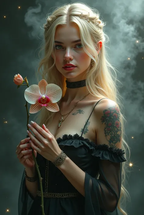 Stunning image of a beautiful European woman, she has very nice breasts, long blonde hair, beautiful eyes, red lips, makeup, tattoos, jewelry, holding orchid flowers. Background Two-tone smoke fog background black and silver Glows and sparkles with a magic...