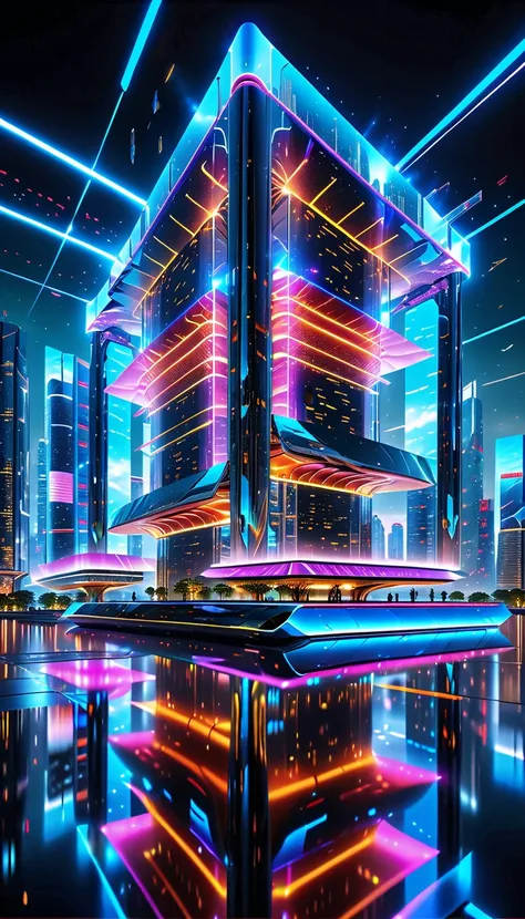 A masterpiece in 32K resolution,   top quality ,  super detailed,  official art,  super high resolution 32K wallpaper . Brilliant technology  ,  super detailedな特徴.   futuristic skyscrapers and floating platforms stretch over the horizon ,   soar reflecting...