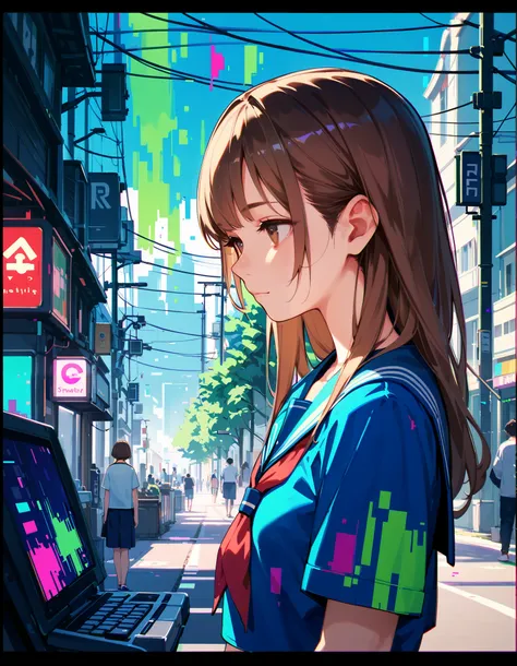 score_9,score_8_up,score_7_up, masterpiece,ultra-detailed CG illustration,top quality, best quality, 1girl,brown hair, brown eyes,from side,elegance,serafuku,street,long hair,innocent,black border, cinematic lighting,(glitch,chromatic aberration),anaglyph.