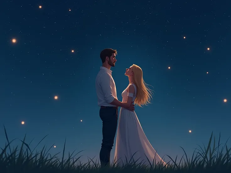 A man looking at the love of his life (a blonde girl) by her side while she is looking up at the stars and smiles. make the girl look up at the stars and the man at her