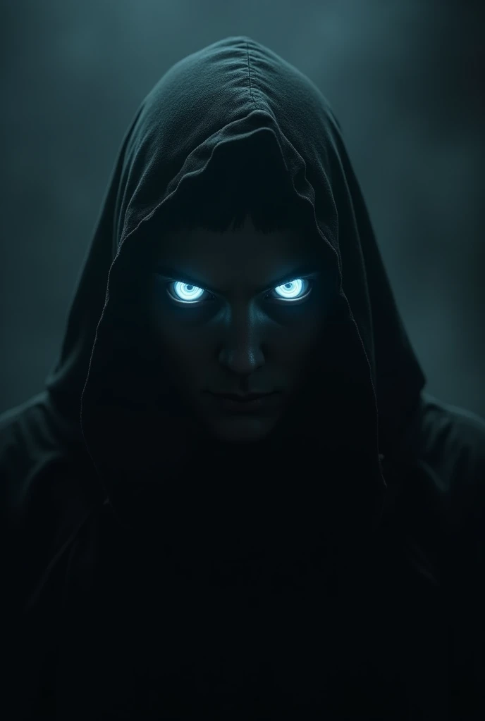 A person with their face hidden in darkness, only their glowing eyes visible.