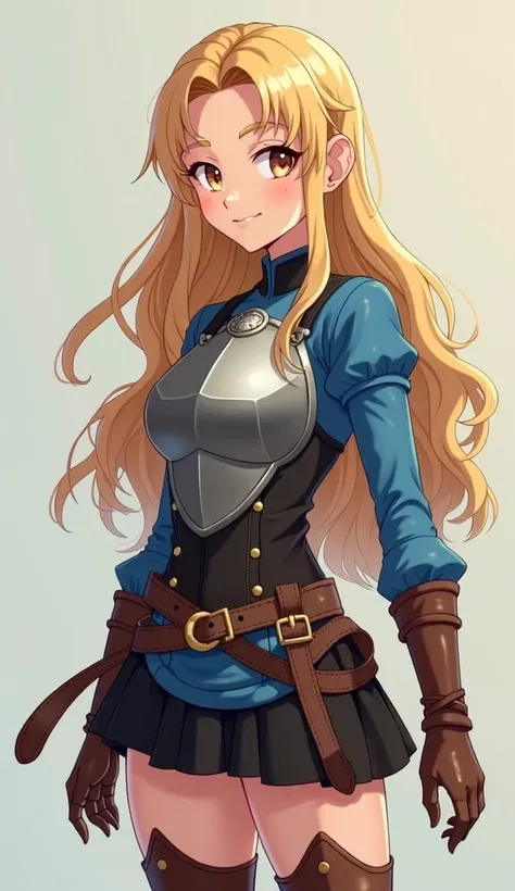 super fine illustration,shiny skin,fine skin,very cute and beautiful girl, beautiful face, older sister appearance, smiling confidently and looking towards me, beautiful brown eyes, long blonde hair, Image of adventurer woman in blue blouse and breastplate...