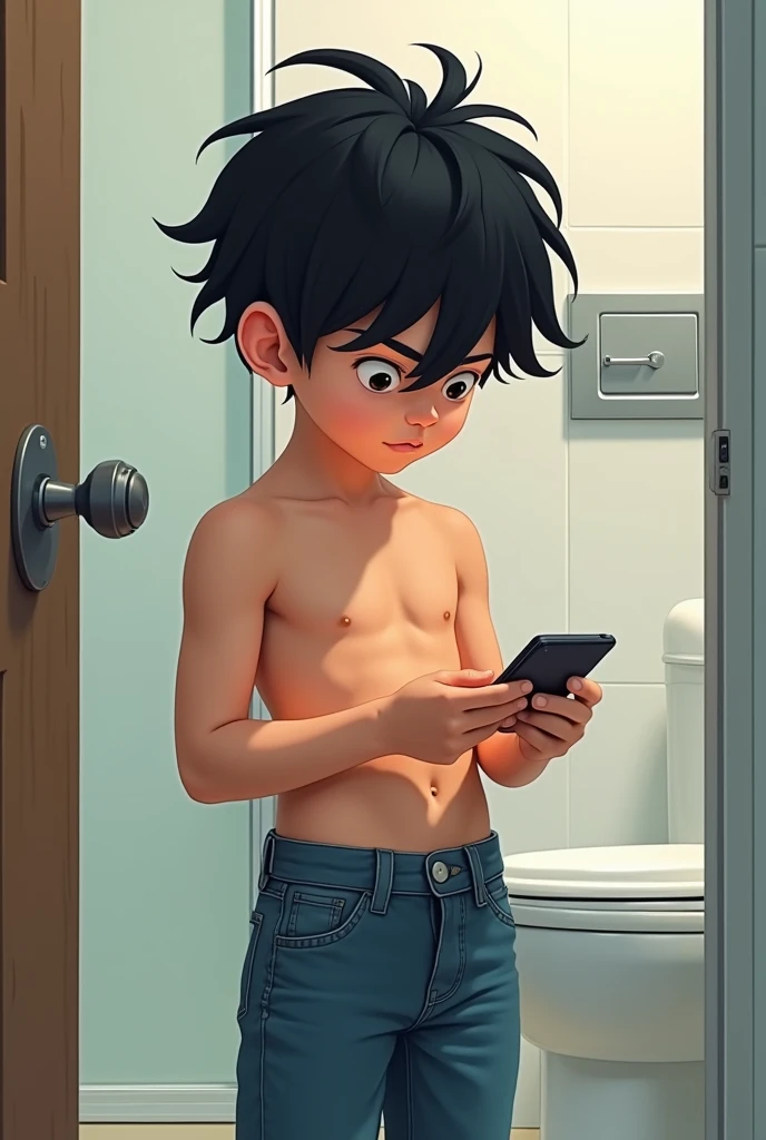 Young boy with messy black hair, shirtless and high-waisted jeans a gadget addict. bathroom, toilet, 2D color traced drawing