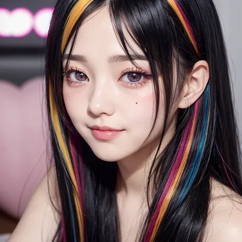  black hair,  has long eyelashes,  light smile ,  striped hair, multicoloRed Hair, Colored inner hair, Red Hair,  hair clip,  moles under eyes, Mismatched pupils,  hollow eyes, My pupils are open ,  Heart Shaped Eyes , naked