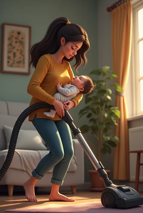 A young modern mother holds a baby on her left hand and vacuums.   Mom looks tired and has a back ache ,  she shows her pain with her back tugs 