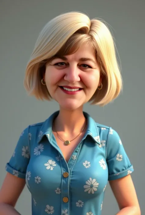  A woman about 55 years old , very short and straight blond hair .  appears smiling at the camera , She only appears from the waist up , She is chubby.  wears a blue shirt printed with shades of white and gray.  Her eyes are dark brown . The image is Pixar...