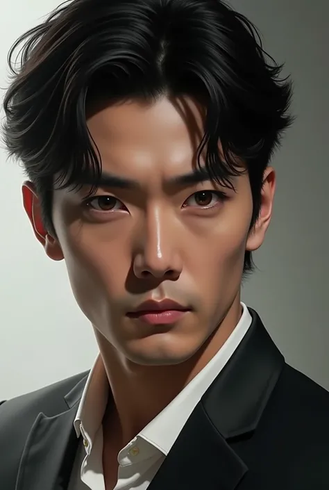 Create a realistic portrait of a Korean handsome man with wide black eyes with thin double eyelids and thick furrowed eyebrows.  His hair is black and slightly wavy, cut medium. He has tan skin, a sharp nose ridge, and a strong jawline. Long lashes. He loo...