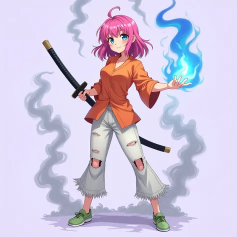 Anime a woman with pink hair, light blue eyes, wearing an orange shirt, white torn pants, light green shoes, smiling slightly, eyes glancing at the camera, right hand carrying a samurai, left hand holding a blue flame, light purple background with smoke co...