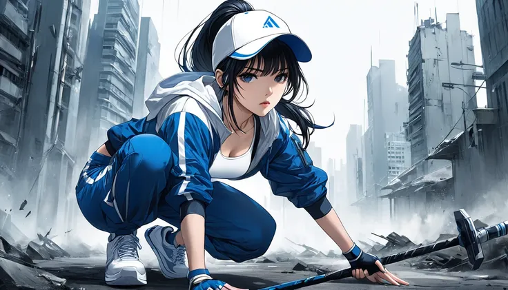 Neo-noir futuristic art style, semi-realistic anime-style of a confident and agile woman in an action pose. She has jet-black hair, short and layered around her face for a dynamic look, with a long ponytail flowing behind her. Her cap is a modern design, p...