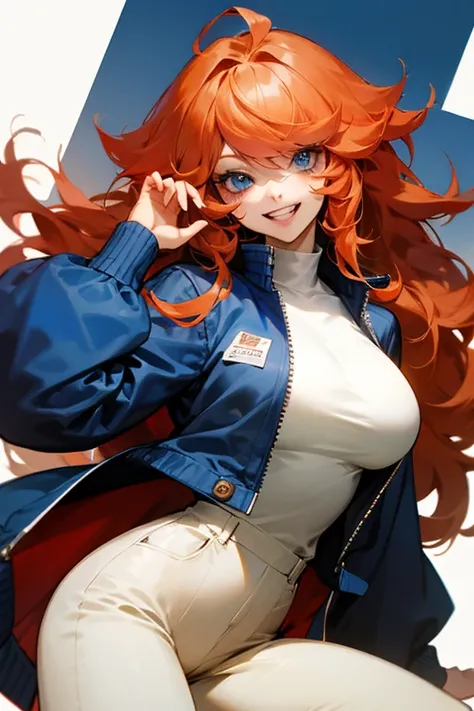 Mereoleona　  orange hair、Hanging eyes、bangs、long hair,  Idiot hair at the top of the head 、Big Breasts ,  blue eyes, grin 、Thighs、  white キャミソール、Blue jacket、white Capri pants、Dutch angle , 
