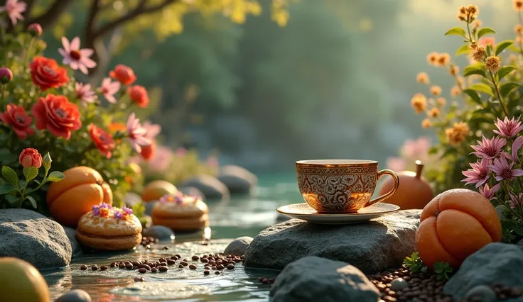 A coffee cup with a pattern placed to the right of a rock, surrounded by various fruits, pastries, flower bushes, and coffee beans, next to a stream.