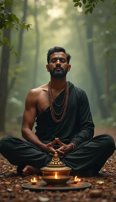 "Create an image of a South Indian man practicing self-discipline and mental control as part of a spiritual viratham. He is seated cross-legged in a serene natural setting, such as a forest or near a temple, dressed in black or dark blue traditional attire...