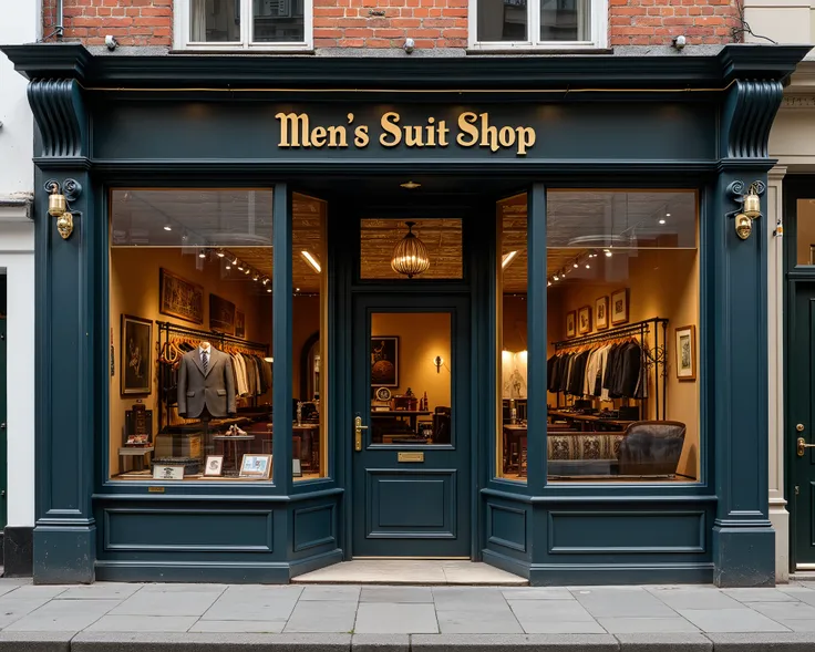 mens suit tailor shop front view, no man, no name