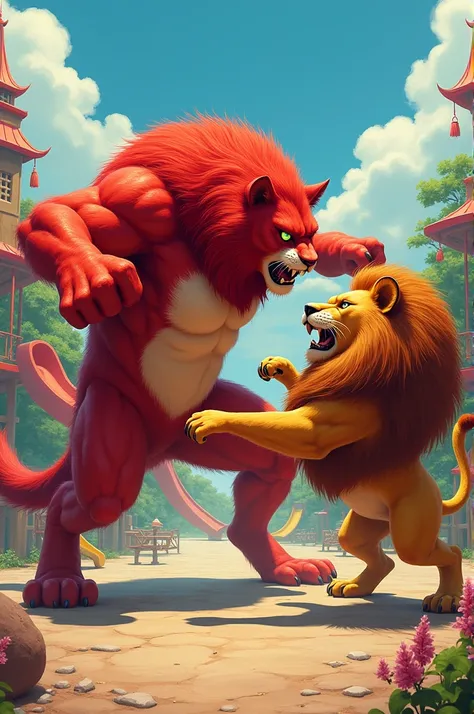 A big red cat kicks another big lion in the chest in Rexin playground