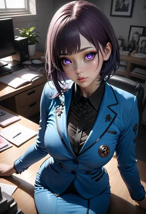 ( masterpiece, esthetic,  detailed eyes ,  realistic),  1 girl, (Mahiru Shiina aus Angel Next Door Spoils Me Rotten), fell, smooth, straight, dark purple hair, inner dark shimmering hair , dazzling eyes,  sit in an unfinished office suit, super detail,  be...