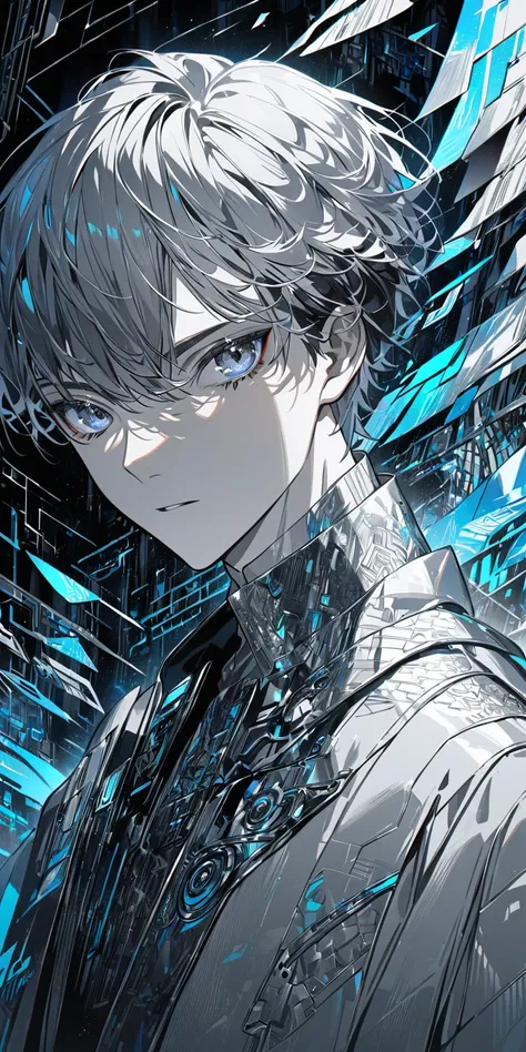 A stylized anime portrait of a young man with dark, short hair, a sophisticated, metallic silver and gray coat with intricate design elements, and expressive grey eyes.  The overall aesthetic should emulate a futuristic cyberpunk or fantasy setting, focusi...