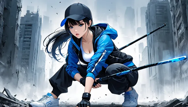 Neo-noir futuristic art style, semi-realistic anime-style of a confident and agile woman in an action pose. She has jet-black hair, short and layered around her face for a dynamic look, with a long ponytail flowing behind her. Her cap is a modern design, p...