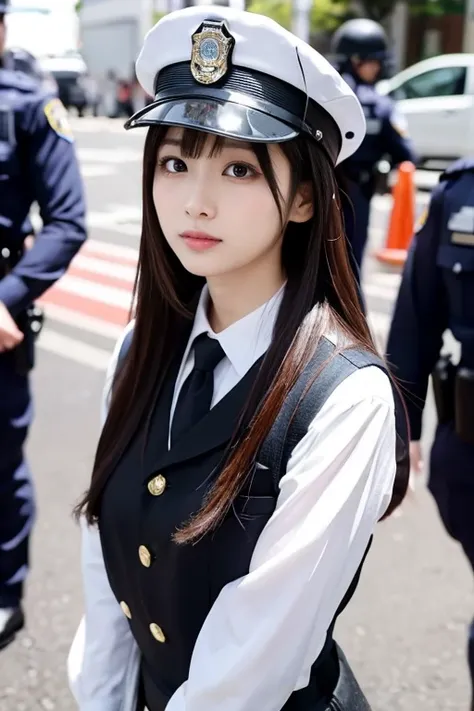  Japanese woman who looks like an idol , long hair ,  straight hair, Round face , bust up , Amoros、、 You can see your whole body on 、Japanese female police officers、Wear a police uniform, Watch viewers, Closeup ,