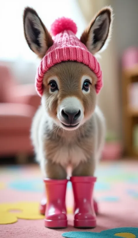 An adorable baby donkey wearing a pink knit hat with a pompom and pink rain boots, standing indoors on a colorful carpet in a cheerful environment. The background includes soft lighting and blurred details of a cozy room, enhancing the playful and cute atm...