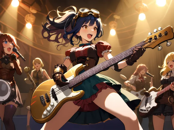 4 girls, group of girls band, steampunk concert hall, (cogs and pipes in background), (colorful lights illuminating the stage), (performing passionately:1.3), BREAK 
1 girl, (cute face), 18 years old, (short bob cut), (wearing steampunk style outfit), (sho...