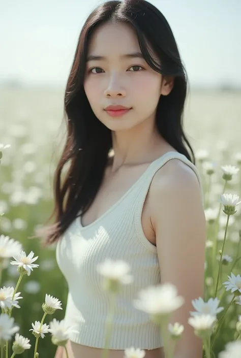 A 25-year-old Korean woman wearing a white knitted tank top and shorts stands amidst a field of white flowers. The daylight shines on her skin, making it stand out. She looks at the viewer, deep focus.