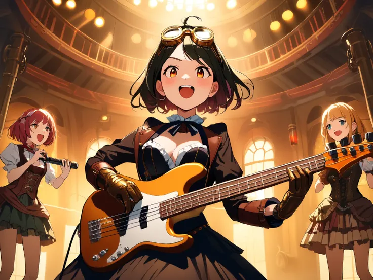 4 girls, group of girls band, steampunk concert hall, (cogs and pipes in background), (colorful lights illuminating the stage), (performing passionately:1.3), BREAK 
1 girl, (cute face), 18 years old, (short bob cut), (wearing steampunk style outfit), (sho...