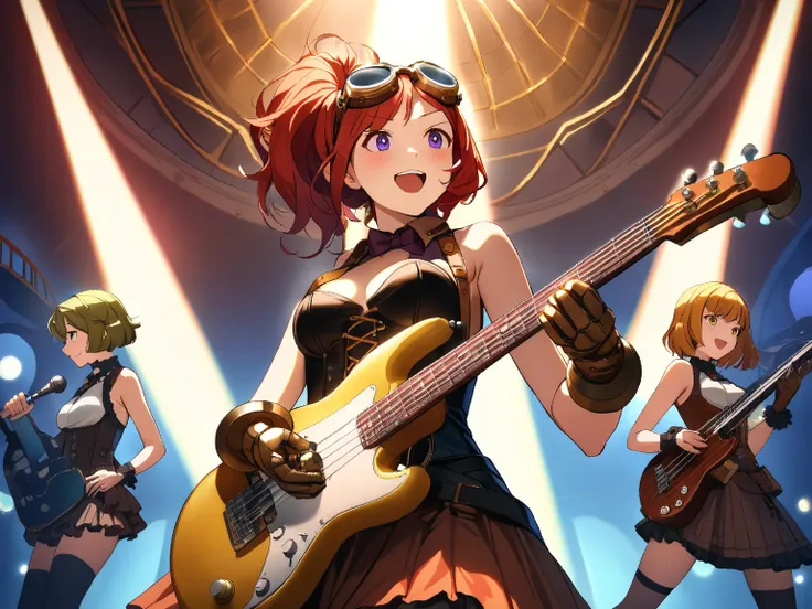 4 girls, group of girls band, steampunk concert hall, (cogs and pipes in background), (colorful lights illuminating the stage), (performing passionately:1.3), BREAK 
1 girl, (cute face), 18 years old, (short bob cut), (wearing steampunk style outfit), (sho...