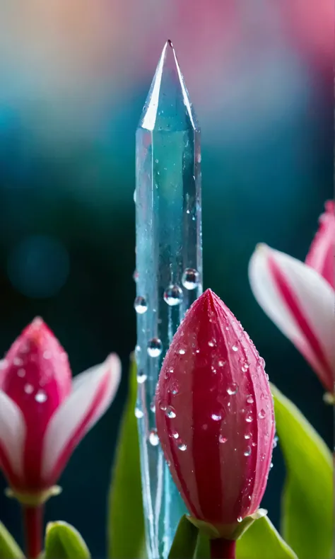 Fantasy Crystals, Pink, Light Blue, Red, and White Stripe, with Large, Long, Stripes of Flowers Adjacent to the Raindrops, Galaxy, Transparent, Shallow, Jade Bokeh, Stunning, Light  Bright lights in a layer of flowers Magic photography, Photo realism, Extr...