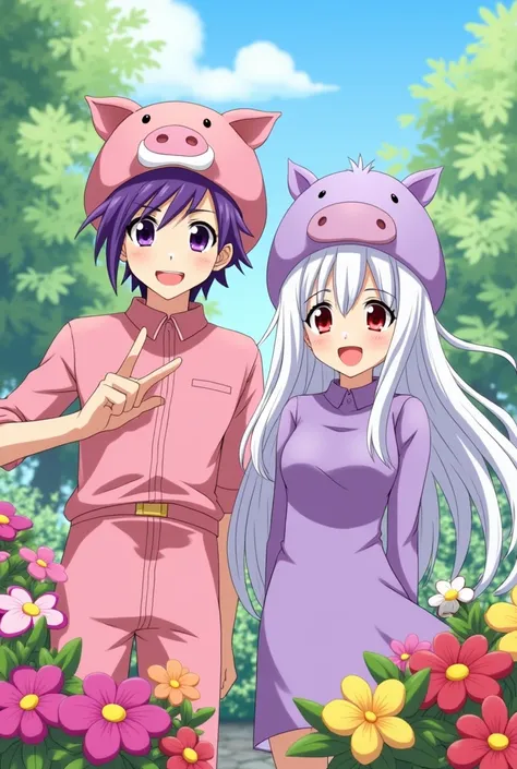 AnimeJapan A teenage man with purple eyes and matching purple hair, wearing a pink outfit and a pig-shaped hat, stands beside a young woman with long white hair, red eyes, and a purple dress, topped with a hippopotamus-shaped hat. Both are smiling happily,...