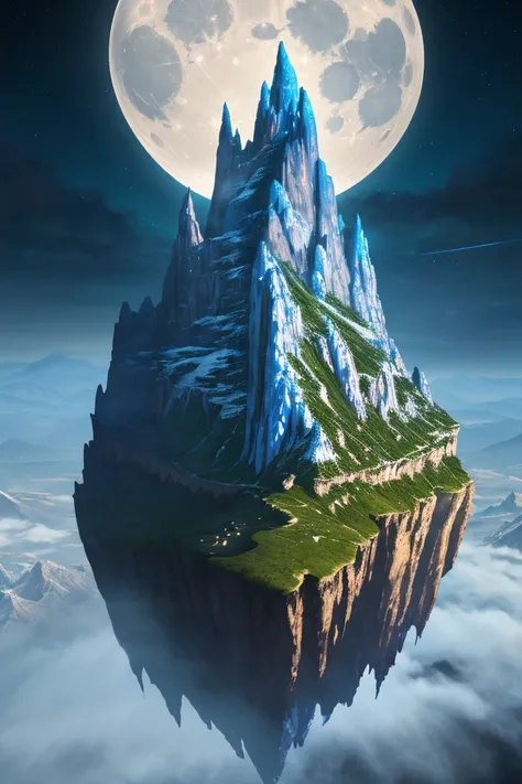 A flying mountain in the moonlight, fantasy art style, concept art, trending on ArtStation, ultra detailed, ultra high resolution, 8k