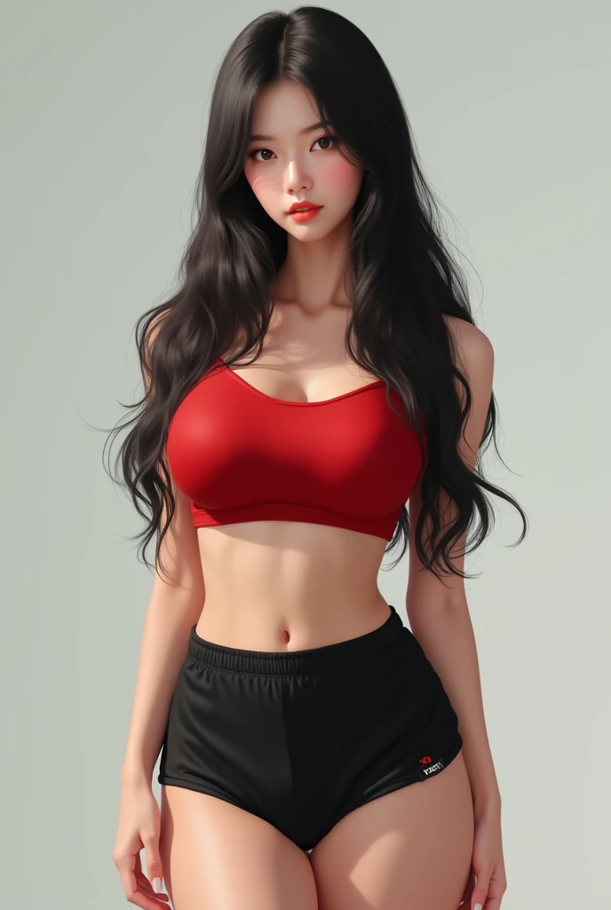 Sexy body long black straight hair huge breast and big  butt lovely beautiful face straight nose eagle eyes Korean women realistic 4k quality wear red crop top and wear black soccer  Shorts very tight showing curve body.