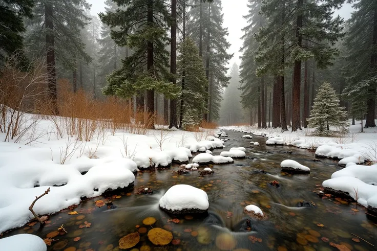   pure,  undirty 、  cool  、 silence and silence 、extensive、Silver ， Wide wide shot ， morning shot ，  is covered with long exposure film. Snowfall，Taken from a distance， Realistic and realistic pictures of snow and winter scenery. Snowy Yosemite Park .
