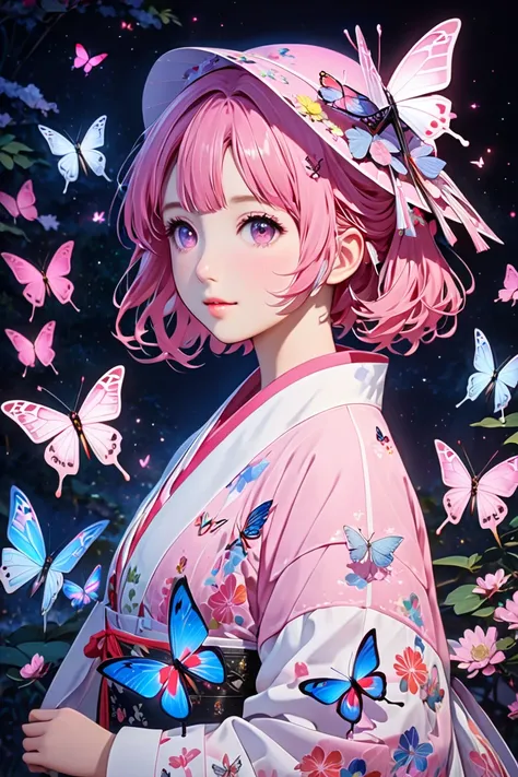 masterpiece,  High Definition , best quality,8k,Girl ，1girl in, Solo, 
(Saigyouji Yuyuko, butterfly, bug, hat, Pink hair, Triangular headpiece, Night, Pink eyes, Short hair, )