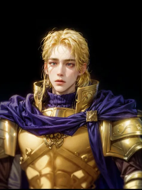 (absurdres, highres, ultra detailed, HDR), masterpiece, perfect face, detailed face, intricate details, extremely detailed character profile, best quality close-up picture, a royal prince with golden armor from fire emblem console, yellow hair, red eyes, m...