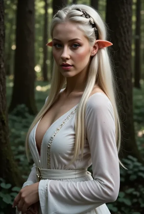 Elf Queen Galadriel, long golden hair with silver highlights, subtly pointed ears, braided hair gathered on top. in white gossamer  bell-sleeves tunic and robe. Mystical forest setting, dark background of trees with lights.