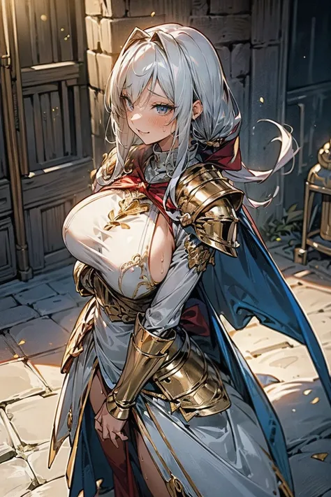 ((( armed girl and one boy ))),((( Facing each other ))),(((Knight equipment ,Wear a giant cape))),break,woman,(tears:1.1),(  white hair , red eyes:1.2),(sweat:1.3) ,( Long Sleeve ),((( Magic Rim,The Magic of Gold ))), from above,((Armor:1.2)),((smile)),br...