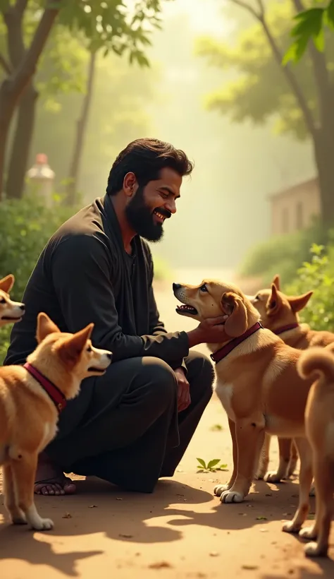 "Create an image of a South Indian man gently showing affection to a group of dogs in a peaceful outdoor setting. The man, dressed in traditional black or dark blue attire, kneels down with a kind and loving expression on his face. He is petting or offerin...