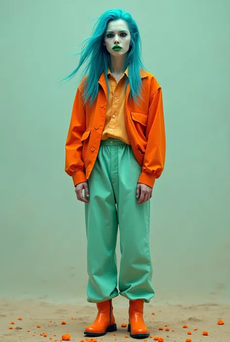 A man with long hair, white skin, blue hair, black eyes, green lipstick, orange clothes, mint pants, orange shoes.