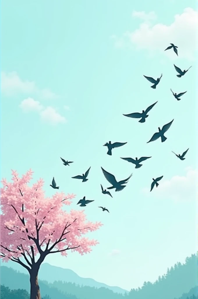 Silhouette of flying birds coming out of a cherry blossom,  silhouette of the tree and birds ,  pink cherry blossom , cyan background and white clouds .  beautiful minimalist image 
