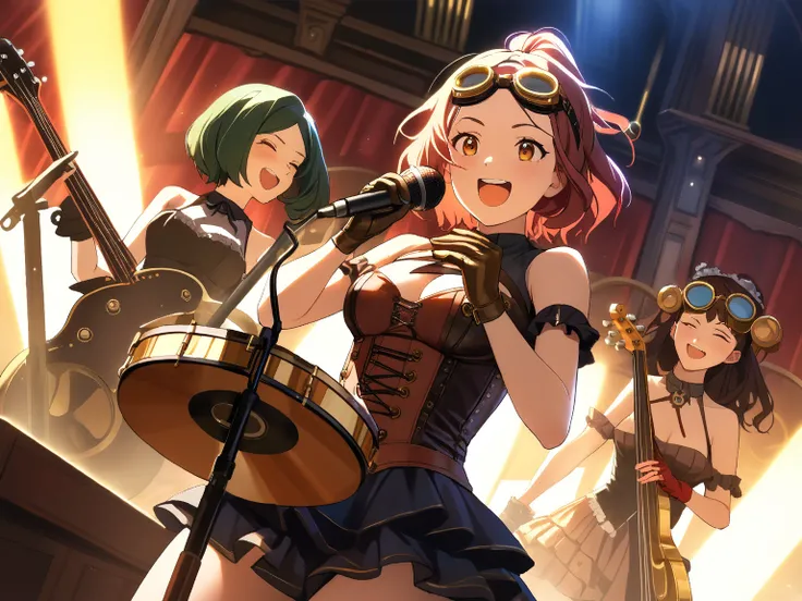 4 girls, group of girls band, steampunk concert hall, (cogs and pipes in background), (colorful lights illuminating the stage), (performing passionately:1.3), BREAK 
1 girl, (cute face), 18 years old, (short bob cut), (wearing steampunk style outfit), (sho...