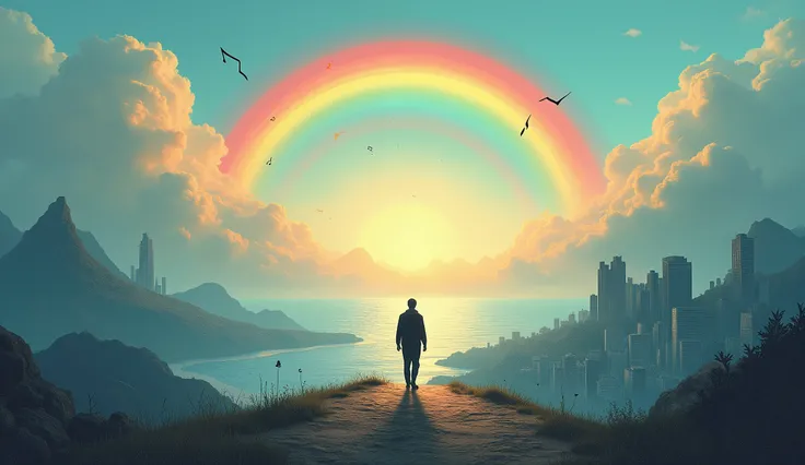 rainbow and musical notes 　 gentle music 　 Scenery　Rainbow　 music poster　 endless cityscape 　Mountain　sea　 imaginary　 depth black silhouette walking alone through the city　Guided by light 