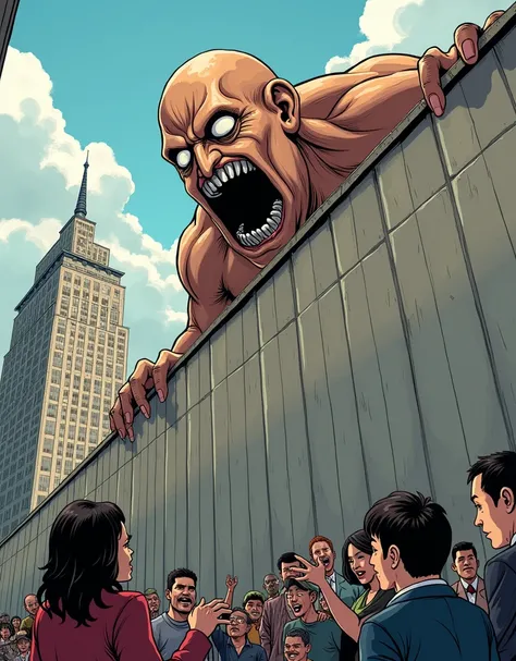 Japanese Manga, 2 D, Attack on Titan comics , comical,  Humor,  Kamala Harris,, open mouth,upper body naked. giant trying to cross a high wall and eating people for get into the town, in Manhattan, noon